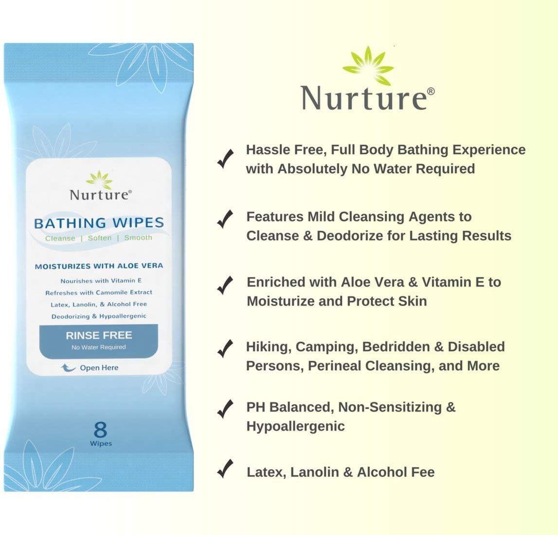 No Rinse Bathing Wipes (6-Pack) | 48 Microwavable Adult Wash Cloths with Aloe Vera and Vitamin E - Rinse Free Cleansing Body Bath Wipes - Latex, Lanolin, and Alcohol Free - 6 Packs of 8 Wipes: Beauty