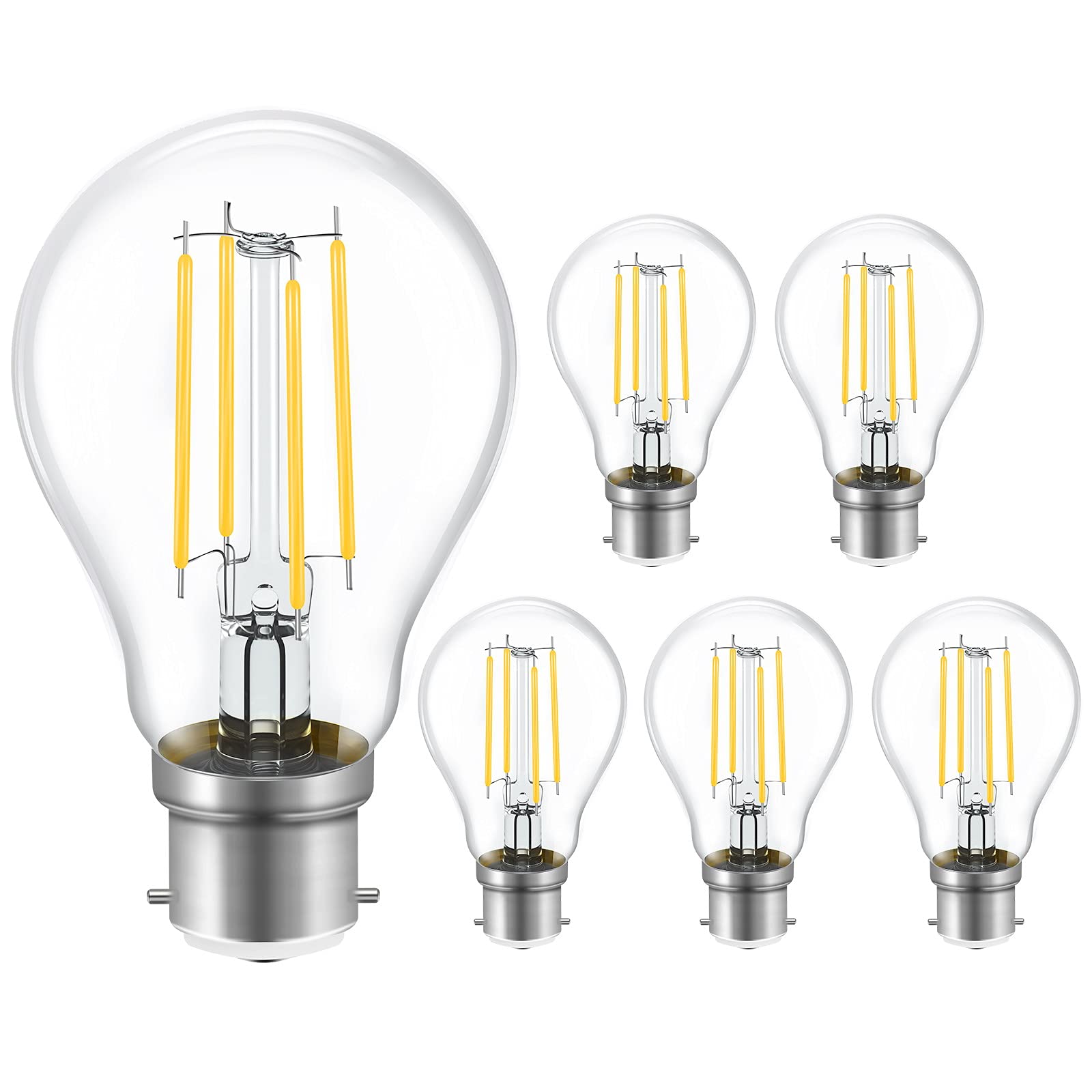 B22 Light Bulbs Bayonet 60W Equivalent, 8W 800lm BC A60 GLS Energy Saving Lightbulbs, 2700K Warm White, Retro Glass LED Filament Bulb, 360° Beam Angle, Pack of 6