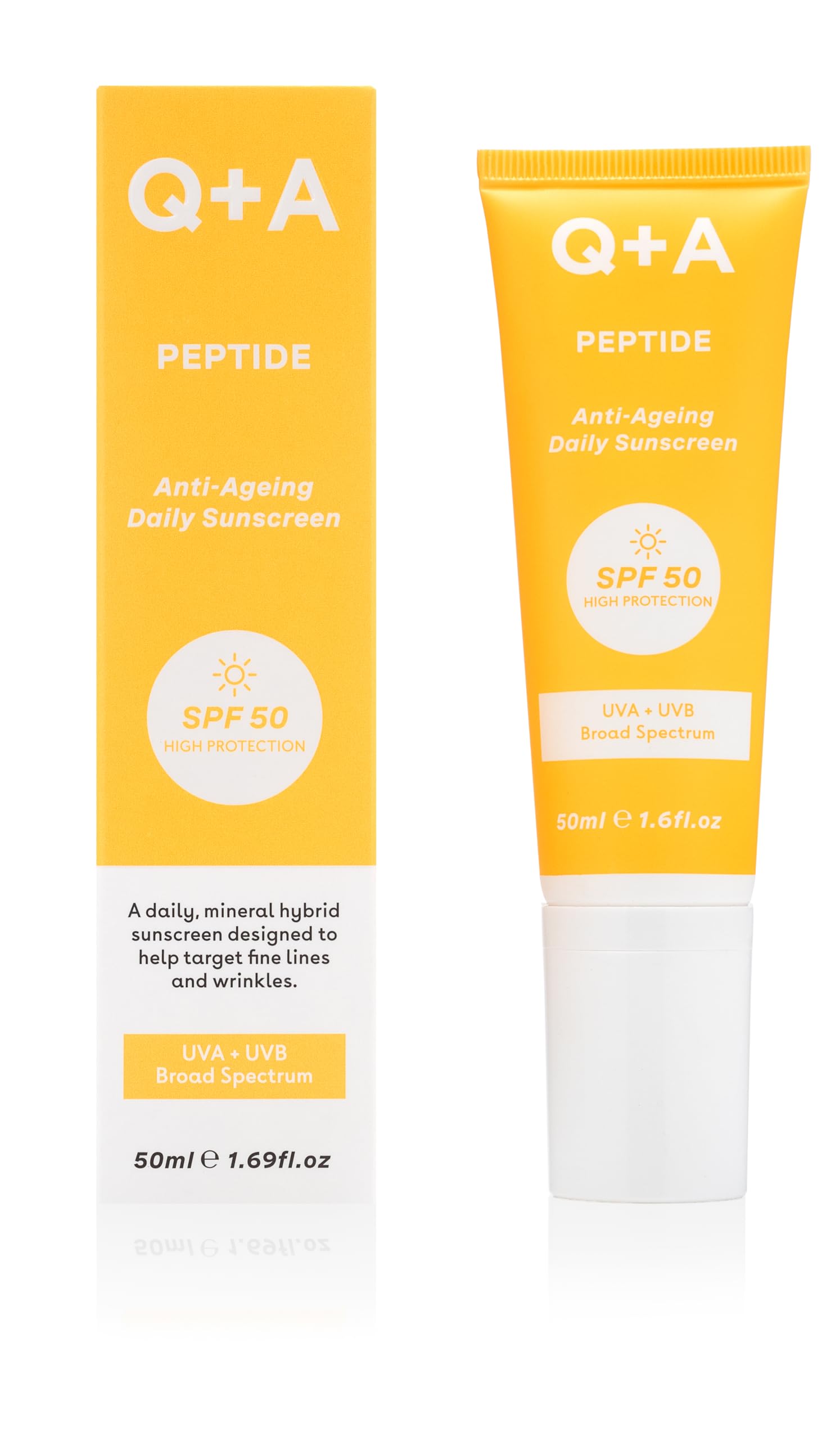 Q+A Peptide SPF 50 Anti-Ageing Daily Sunscreen (50ml), Broad-Spectrum UVA/UVB Protection with Pre-Peptides, Fragrance Free Skincare, Helps Prevent Signs of Ageing while Protecting from UV Damage