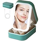 Small Travel LED Makeup Mirror Case with 3 Adjustable Color Light Settings, Dust-Proof Jewelry Box, Mini Cosmetic Train Case Ideal for Short Trips (Green)