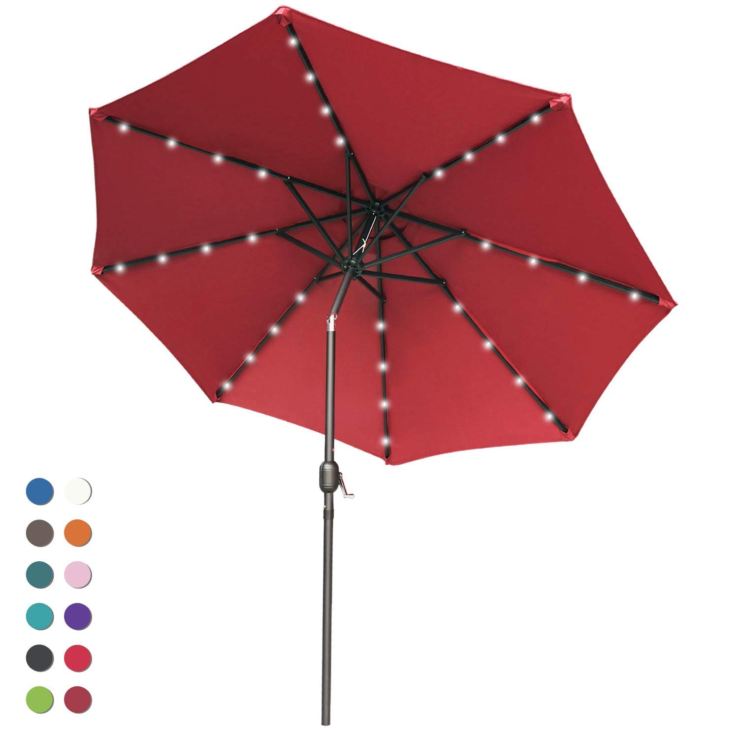 ABCCANOPY Solar Umbrellas Patio Umbrella 9 FT LED Umbrellas 32LED Lights with Tilt and Crank Outdoor Umbrella Table Umbrellas for Garden, Deck, Backyard, Pool and Beach,12+Colors, (Burgundy)