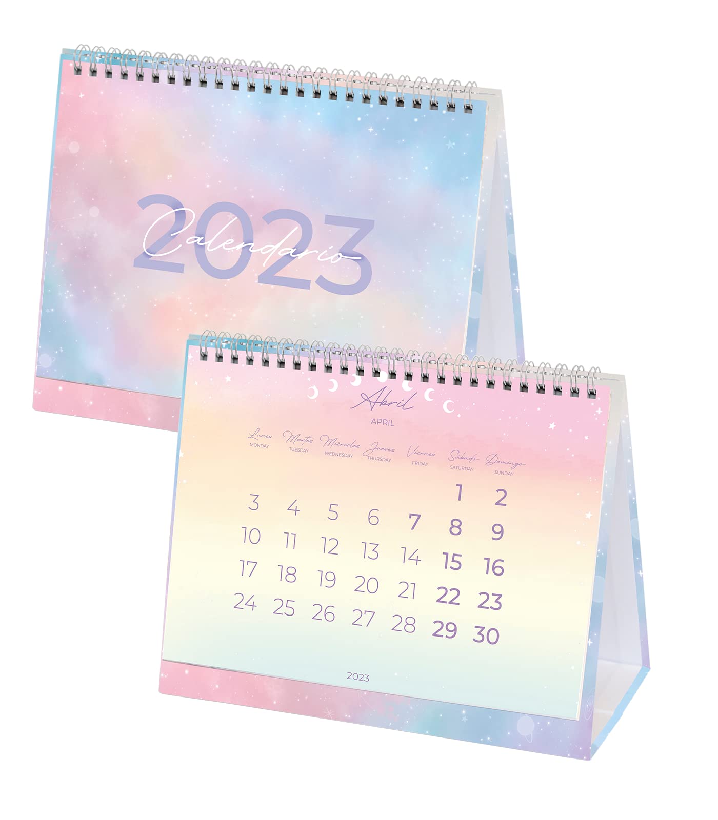 Takenote - Table calendar January 2023 December 2023-26 pages - Measures: 23 x 18 cm - Bilingual: Spanish - English - Galaxy