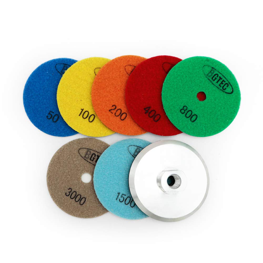 BGTEC 100mm Diamond Dry Polishing Pads for Granite Marble Mixed Grits 7pcs Pads with 1pc M14 Aluminum Backer