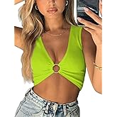 AEVZIV Sexy Crop Tops for Women Sleeveless Deep V Neck Workout Tops Plunge Ring Cleavage Cropped Tank Top