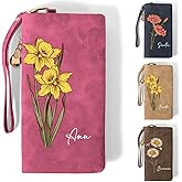 CALLIE Personalized Wristlet Wallet for Women | Custom Name PU Leather Card Holder Wristlet | Birthday Anniversary Valentines Gift for Her (Watercolor Birth Flower)