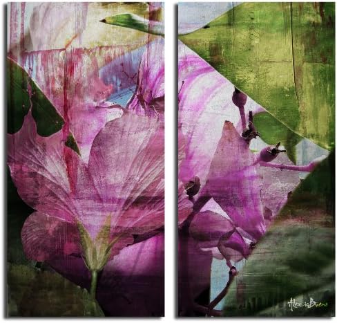 Ready2HangArt 2 Piece 20" High x 40" Wide x 1" to 2" Deep 'Hibiscus' Abstract Canvas Wall Art Set, Oversized, Green/Pink