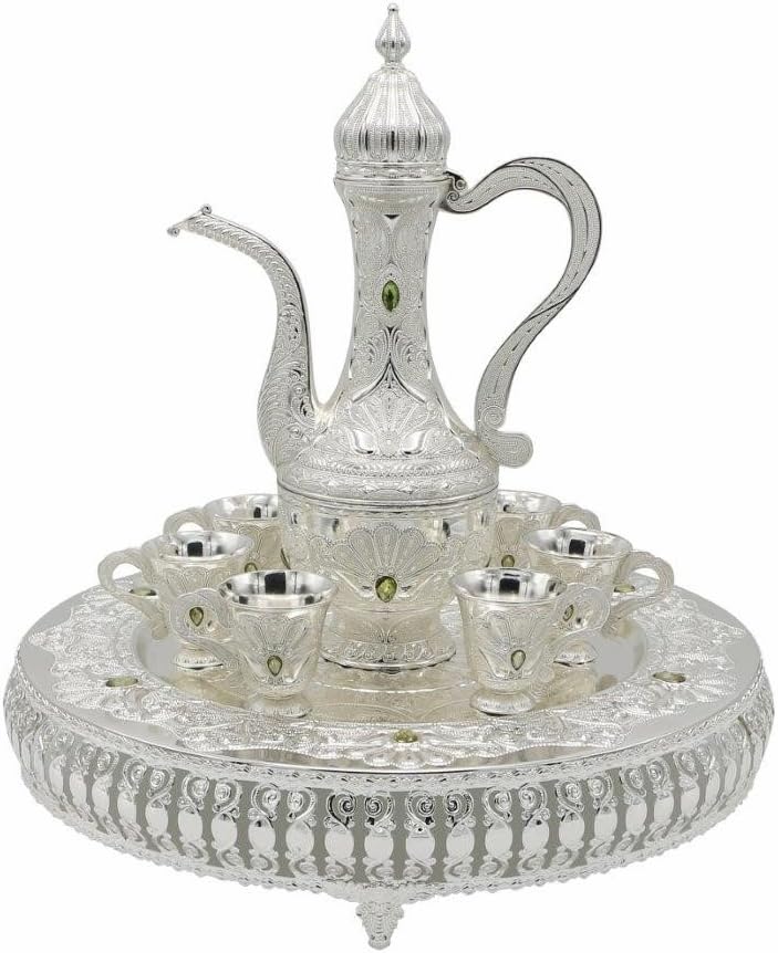 Traditional Turkish Ottoman Style Tea Set for 6 including Tray & Teapot Silver Inset with Crystal Stones