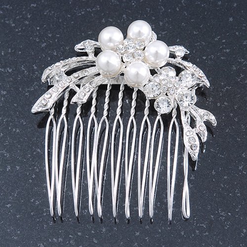 Bridal/ Wedding/ Prom/ Party Rhodium Plated Clear Swarovski Crystal, Synthetic Pearl Double Flower Hair Comb - 50mm