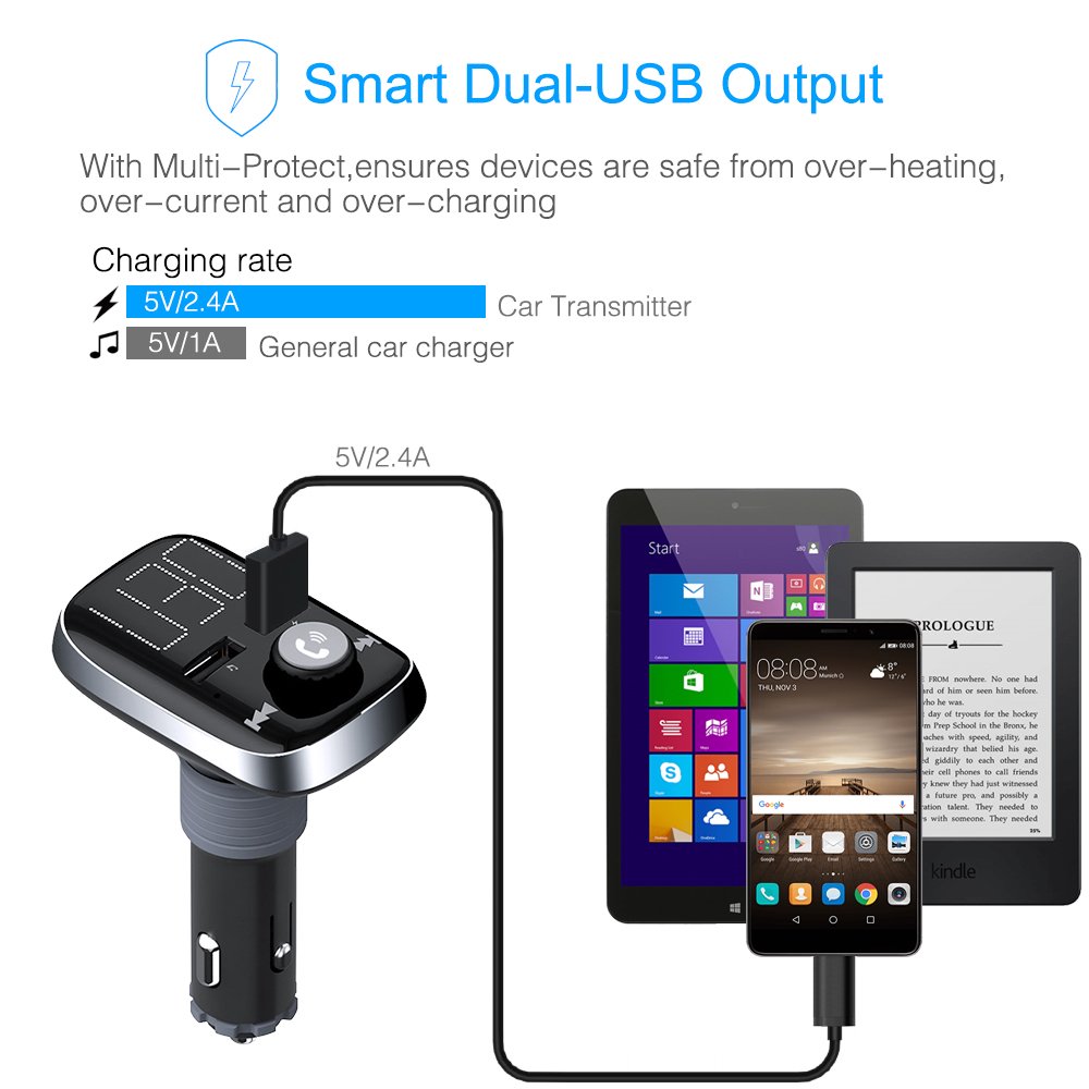 Bluetooth FM Transmitter, BliGli Dual USB Car Charger MP3 Player Handsfree Car Kit Wireless Radio Audio Adapter for iPhoneX / 8 / 7 / 6s / Plus, iPad Pro, Galaxy , Note 5 / 4, LG, Nexus, HTC and More (Black 2)