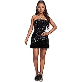 PORRCEY Women's Hot Drilling Craft Sexy Long Sleeve Mesh See Through Party Club Night Rhinestone Dress