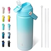 BJPKPK Insulated Water Bottle with Straw Lid, 18oz Thermo Water Bottles with Soft Nozzle, Flex Handle & Non-slip Boot, BPA Free Leak Proof Stainless Steel Metal Thermo, Tumblers, Cups,Sea Salt