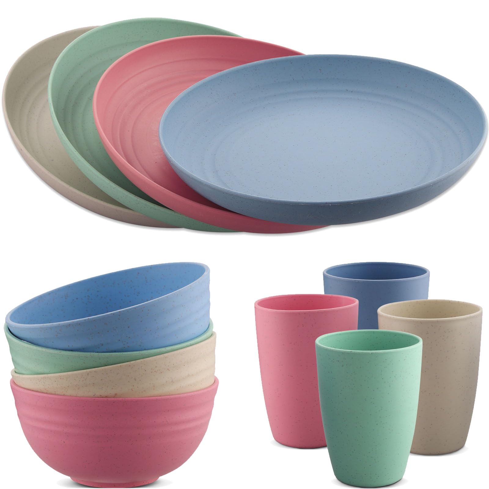 HOMGEN Plastic Dinner Set 12Pcs Unbreakable Light-Weight Kids Dinning Set Picnic Plates and Cups Set Dishwasher Safe Camping Plates and Bowls Set Camping Crockery Set for Home & Picnic etc