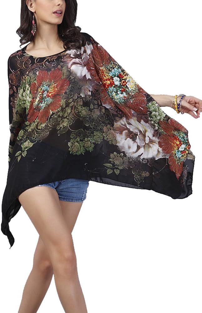 Max Hsuan Womens Ladies Baggy Oversize Plus Size Batwing Tunic Top Blouse Floral Chiffon Kaftan