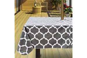 Hipinger Vinyl Square Tablecloth with Zipper and Umbrella Hole, Outdoor Oil Waterproof Stain Resisteant PVC Table Cover for Party, Picnic and Patio 60 Inch Square, Grey Moroccan
