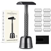 THE GROOMING SOCIETY Double Edge Safety Razor for Men with Stand and Silicone Cover - Durable Metal Eco-Friendly Single Blade Safety Razor with 10 Blades - Closed Smooth Shave Matte Black