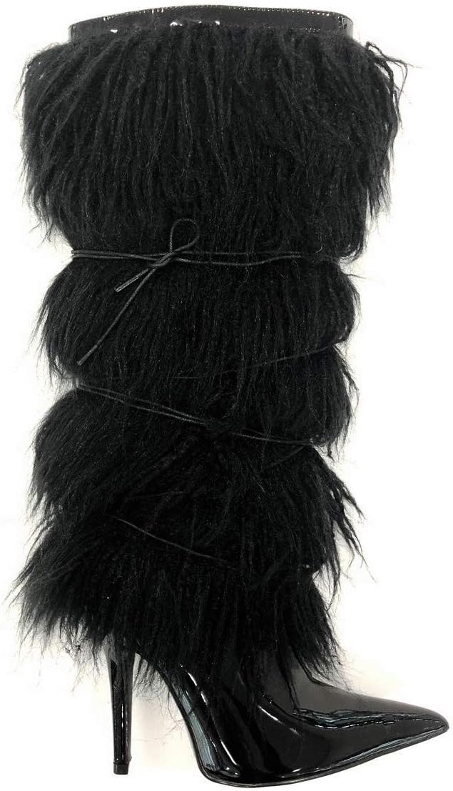 Cape Robbin Skin Deep Black Patent Pointed Toe Knee High Feather Fur Dress Boots