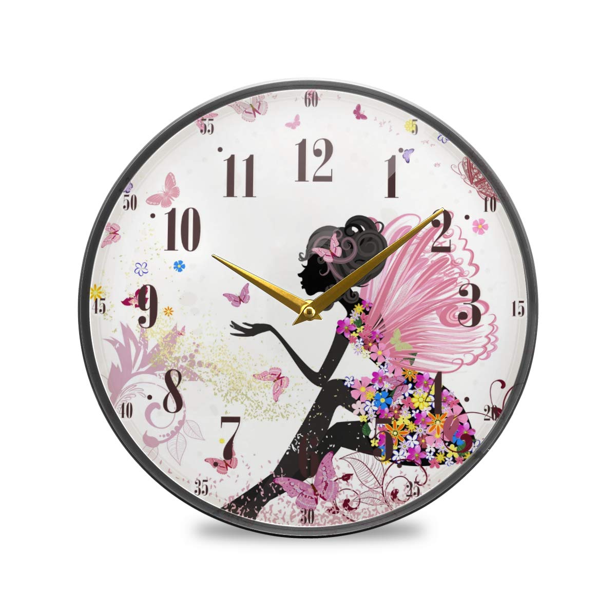 ALAZA Large Round Silent Wall Clock, Flower Fairy And Butterflies Non Ticking Clock for Living Room Kitchen Bedroom Office Ornaments Decorative,Desktop Stand