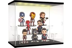 Nynelly Acrylic Display Case with Light, 3 Tier Clear Display Case for Collectibles Acrylic Boxes for Display Action Figures Toy Black Assembly Countertop Dustproof Showcase, 12.6"L x 7.1"W x 10.2"H