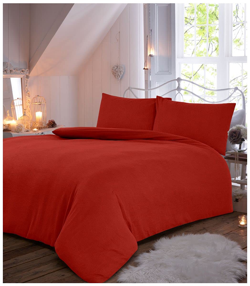 GC GAVENO CAVAILIA Easy Care Solid Flannel Duvet Cover with Matching Pillow Cases, 100% Brushed Cotton Luxury Quilt Set, Soft & Cosy Linen, Red, Kingsize Bedding, King