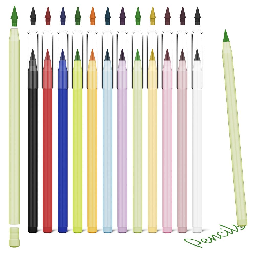 AUAUY 12 PCS Colored Inkless Pencil, Infinity Reusable Pencil for Writing Drawing with Extra 12 Color Replaceable Nib for Home Office School Supplies