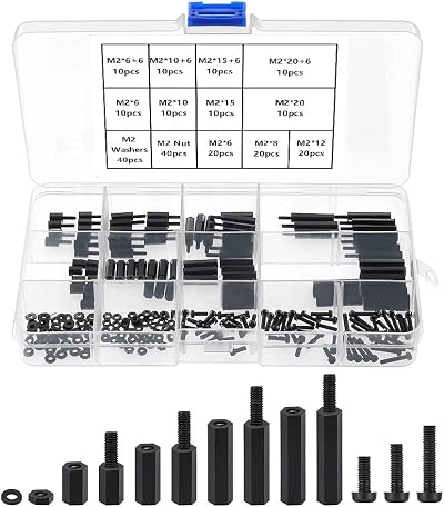 YIXISI 220pcs Nylon Hex Spacer Kit M2 Black Assorted Screws Nuts Washers