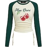 CIDER Womens Long Sleeve Top Cherry Print Raglan T Shirt Drawstring Sides