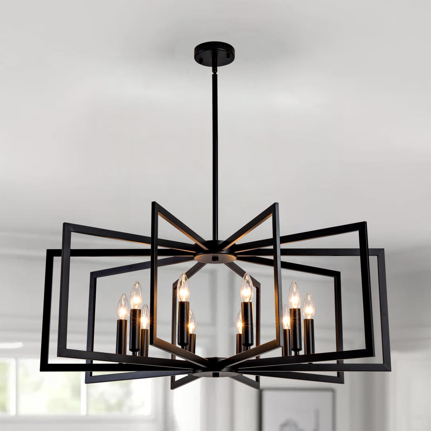 Photo 1 of Klrbiqy Black Chandelier for Dining Room,12-Light Dining Room Light Fixture Modern Geometric Metal Hanging Industrial Chandeliers for Entryway Kitchen Island Foyer Farmhouse Chandeliers