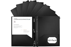 EEHZTSI 60-Pack Plastic Folders with Pockets and Prongs,2-Pocket Folders with 3 Fasteners, Poly Folders Holds 8-1/2" x 11" Paper for School/Office/Home, Black