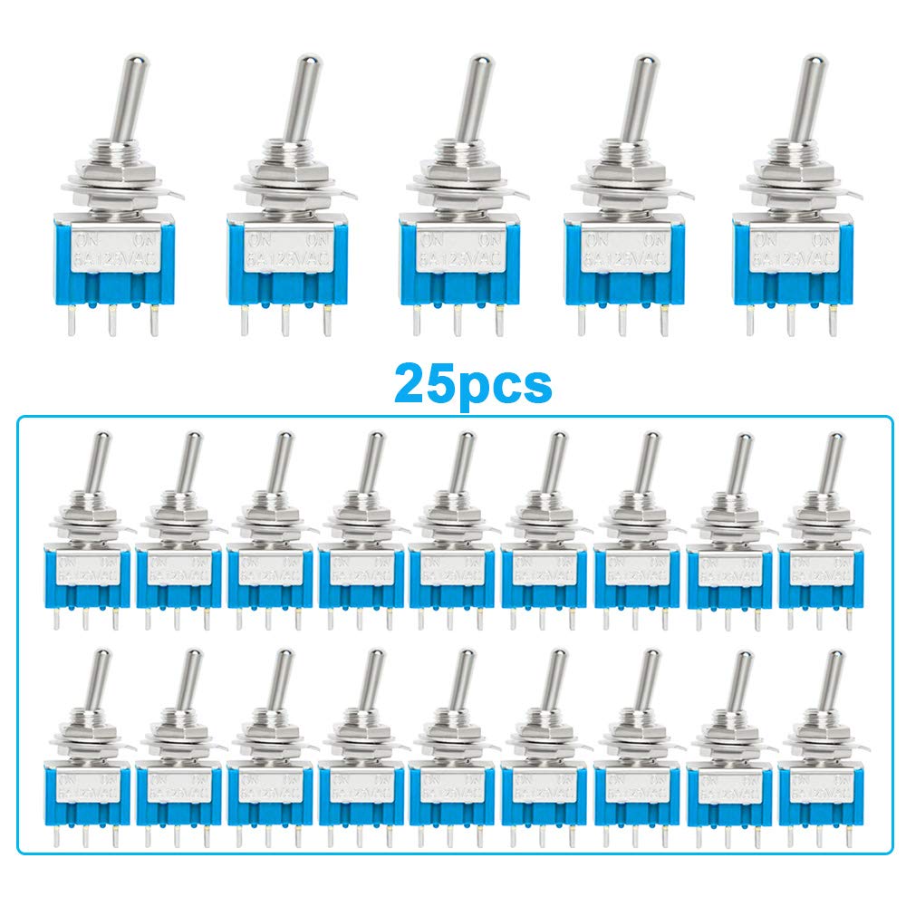 QitinDasen 25Pcs Premium 6A / 125VAC Mini Toggle Switch, 3 Pins 2 Position Locking SPDT Rocker Toggle Switch, MTS102 Toggle Switch