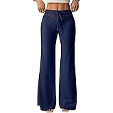EVALESS Womens Wide Leg Pants Lace Elastic High Waisted Palazzo Pants Bell Bottoms Flowy Boho Holiday Trousers
