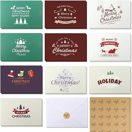 Amazon Eoout メリークリスマス グリーティングカードセット 60枚封筒とサンキューカーステッカー 10枚詰め合わせ 冬ホリデー クリスマスデザイン 挨拶用 グリーティングカード 文房具 オフィス用品