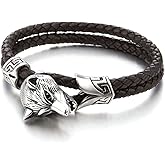 Stainless Steel Mens Wolf Head Bracelet with Genuine Braided Leather