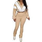 PUXOBYKU Women 2 Piece Tracksuit Long Sleeve Zip Drawstring Cropped Jacket Flared Leggings Outfits Jogger Sweatsuit Sets