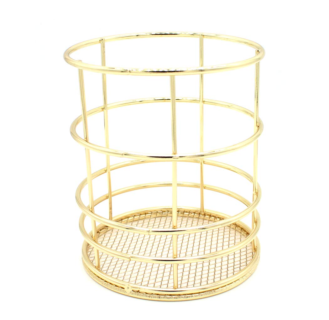 Hillento Pencil Holder, Metal Pen Pencil Holder, Rose Gold Pencil Holder, Desk Stationery Organizer for Home, School, Office Desk Supplies, Makeup Brush Organizer, Round, Gold