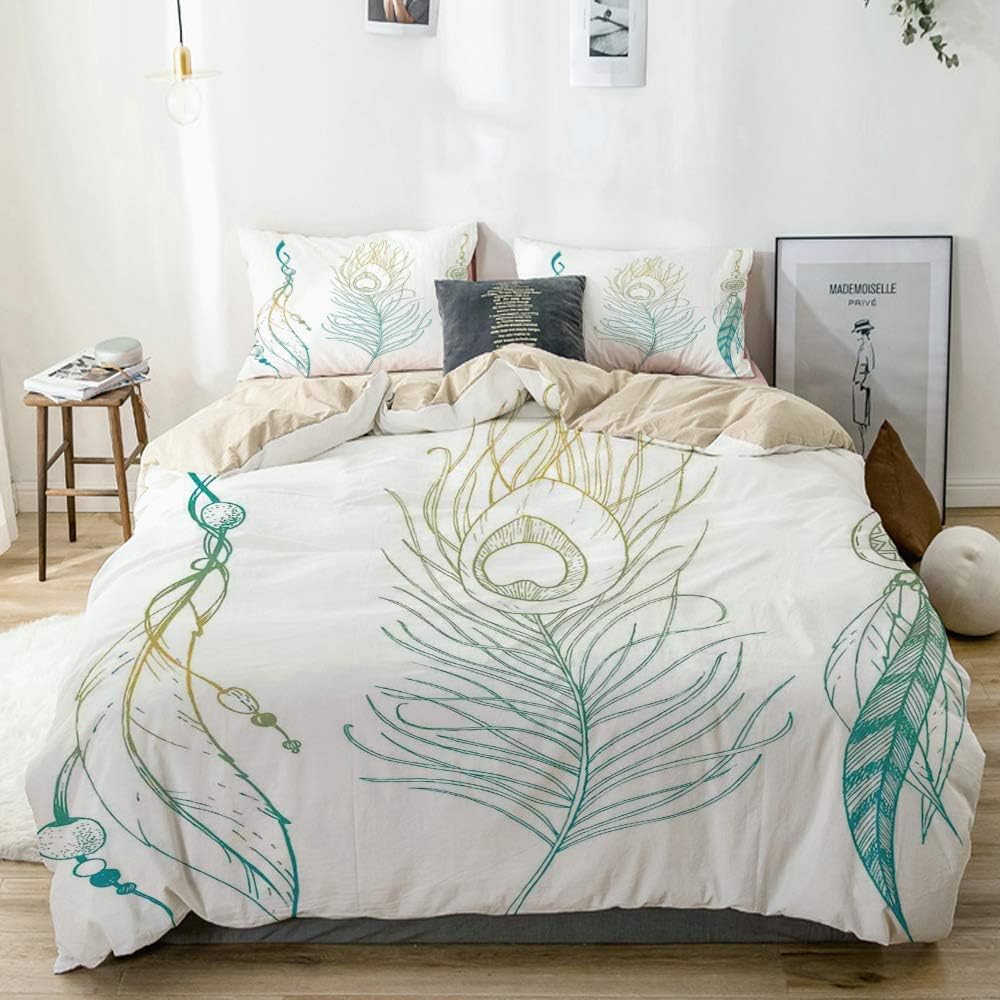 Duvet Cover Set Beige,Aesthetic First Nations Feather and Peacock Tail