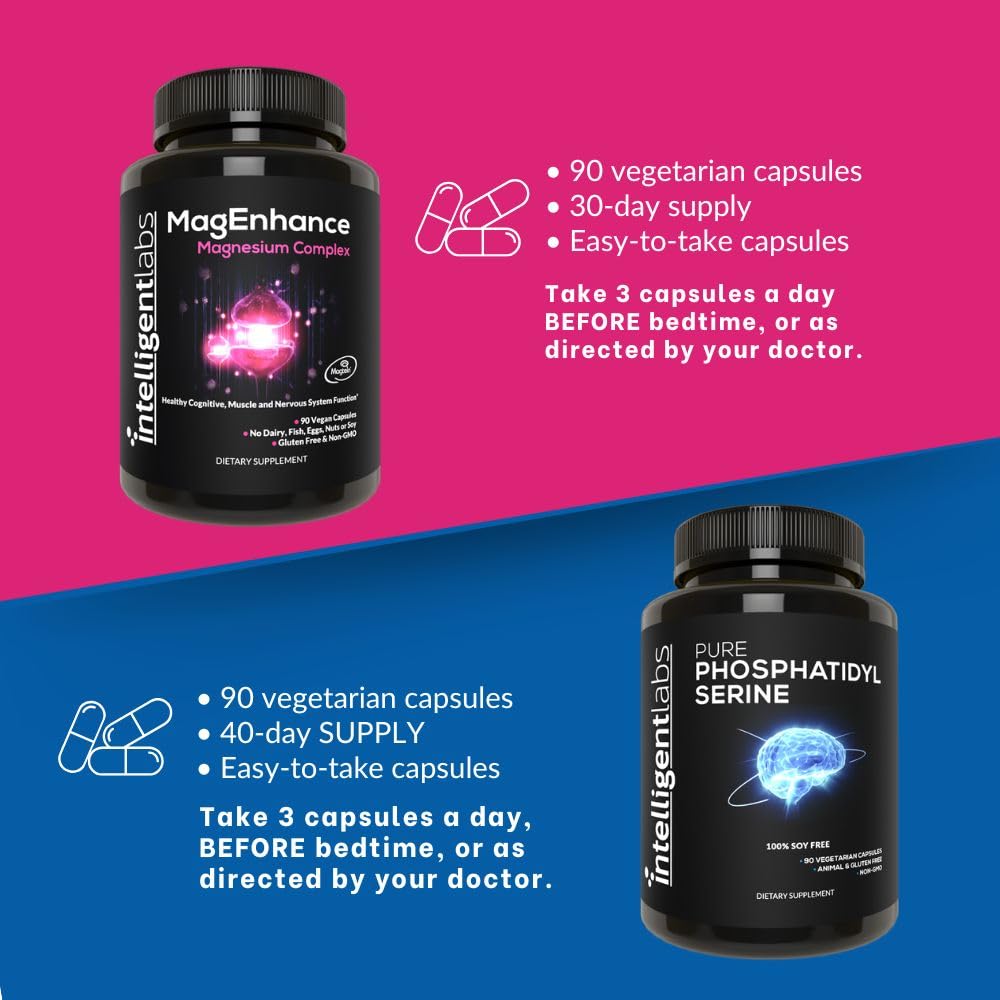 Intelligent Labs 2-in-1 Bundle of MagEnhance Triple Magnesium Complex (Magnesium L-Threonate, Glycinate, and Taurate) + Pure Phosphatidylserine 100mg, GMO and Soy-Free, 30-Day Supply Each