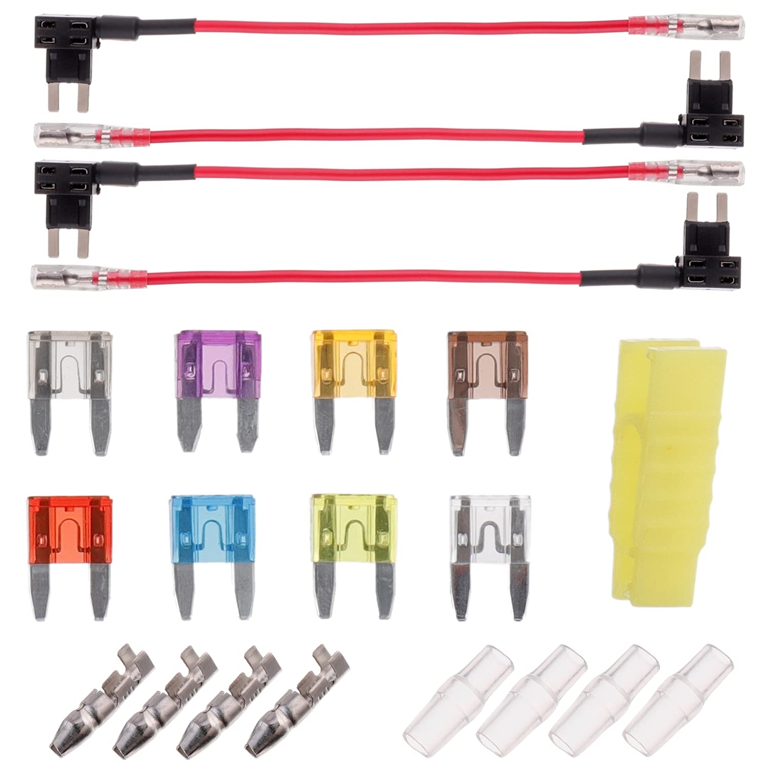 BOJACK 4 pcs 12V Mini Add a Circuit Fuse Tap flat fuse dapter with 8 pieces fuse (2A / 3A / 5A / 7.5A / 10A / 15A / 20A / 25A)