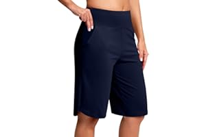 Bermuda Yoga Shorts for Women Knee Length Summer Shorts Pull On High Waisted Shorts Tummy Control Shorts with Pockets