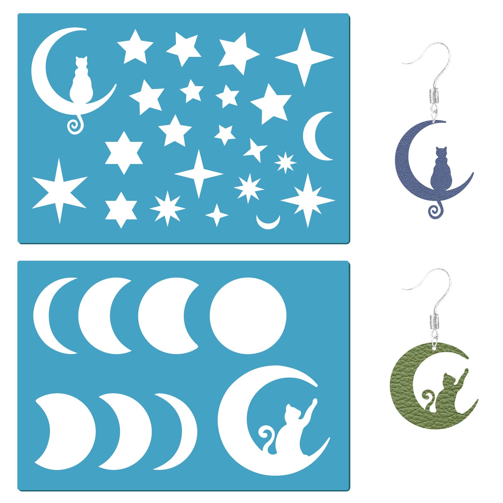 GORGECRAFT 2 Styles Jewelry Shape Template Earring Stencils Reusable Stars Moon Phase Cats Round Cutouts Cutting Stencil Templates for Drawing Earrings Favors Necklace Making Accessories 5X3.5