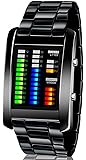 Men's Digital Watch Binary Time LED Display 50M Waterproof Alloy Band Creative Sport Army Wristwatches-Black