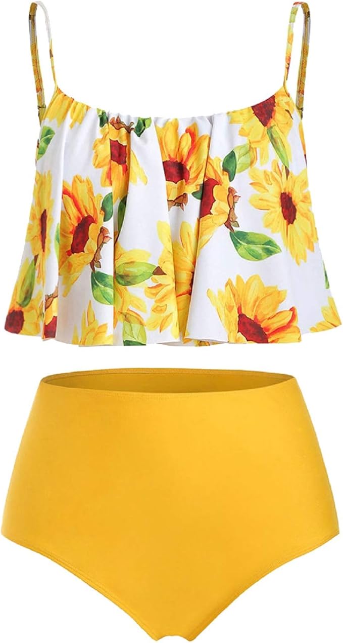 Women Padded Swimwear Plus Size Ruffled Sunflower Print Swimsuit Tankini Set Bathing Beachwear 