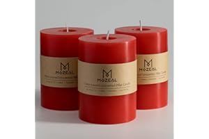 MOZEAL 3" x 4" Hand-Poured Unscented Candle,Dripless Pillar Candle Set of 3,Long Clean Burning,Approx 72 Hours Burn Time,Rustic Country Style,Wedding,Dinner,Christmas and Home Decor,Red