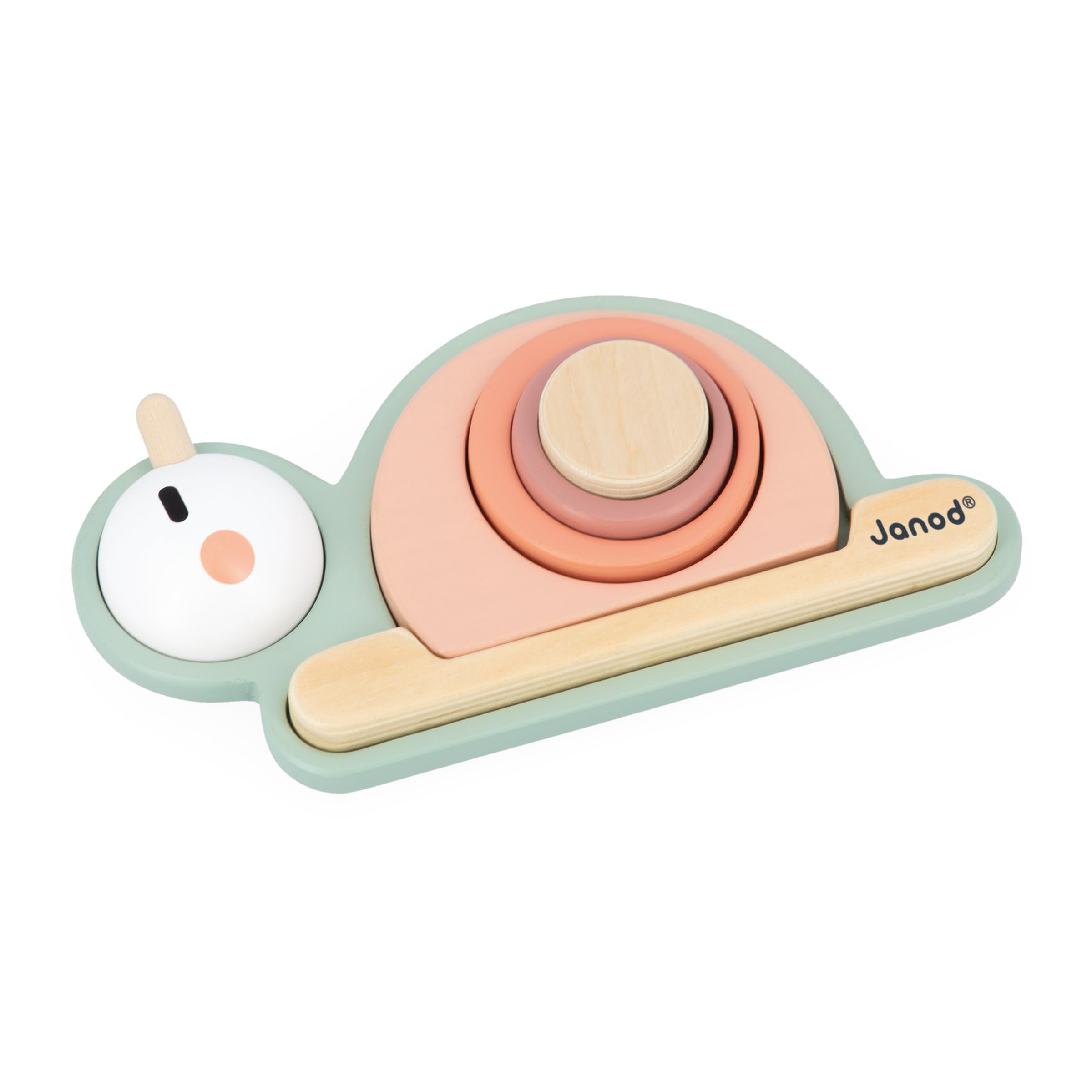 Janod - Sweet Cocoon Stackable Sensory Snail - 6x FSC Wood Stackable Pieces - 4 Sensory Blocks - Early-Learning Game - Develops Fine Motor Skills & Touch - 12 Months +, J04052