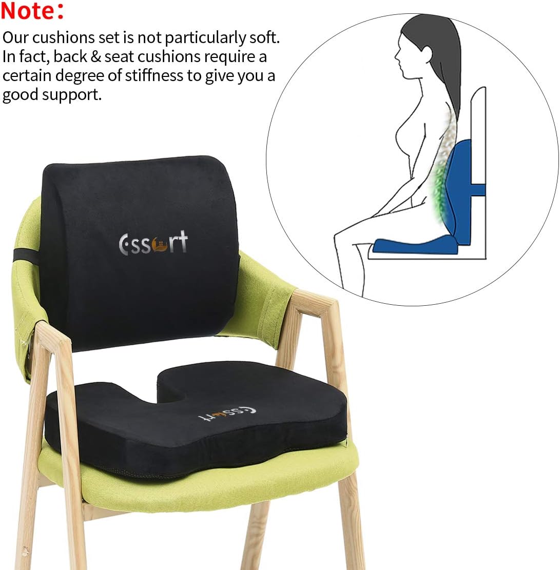 ESSORT Memory Foam Back and Seat Cushions Combo, Orthopedic Coccyx Chair and Lumbar Pillow, Boxed Pad and Back Support for Office Chair, Car, Wheelchair, Relieves Tailbone Pain, Sciatica & Back Pain: Office Products