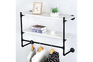 HAOVON Industrial Pipe Clothing Rack Wall Mounted Wood Shelf,Pipe Shelving Floating Shelves,Retail Garment Rack Display Rack Clothes Racks(2 Tier,36in)