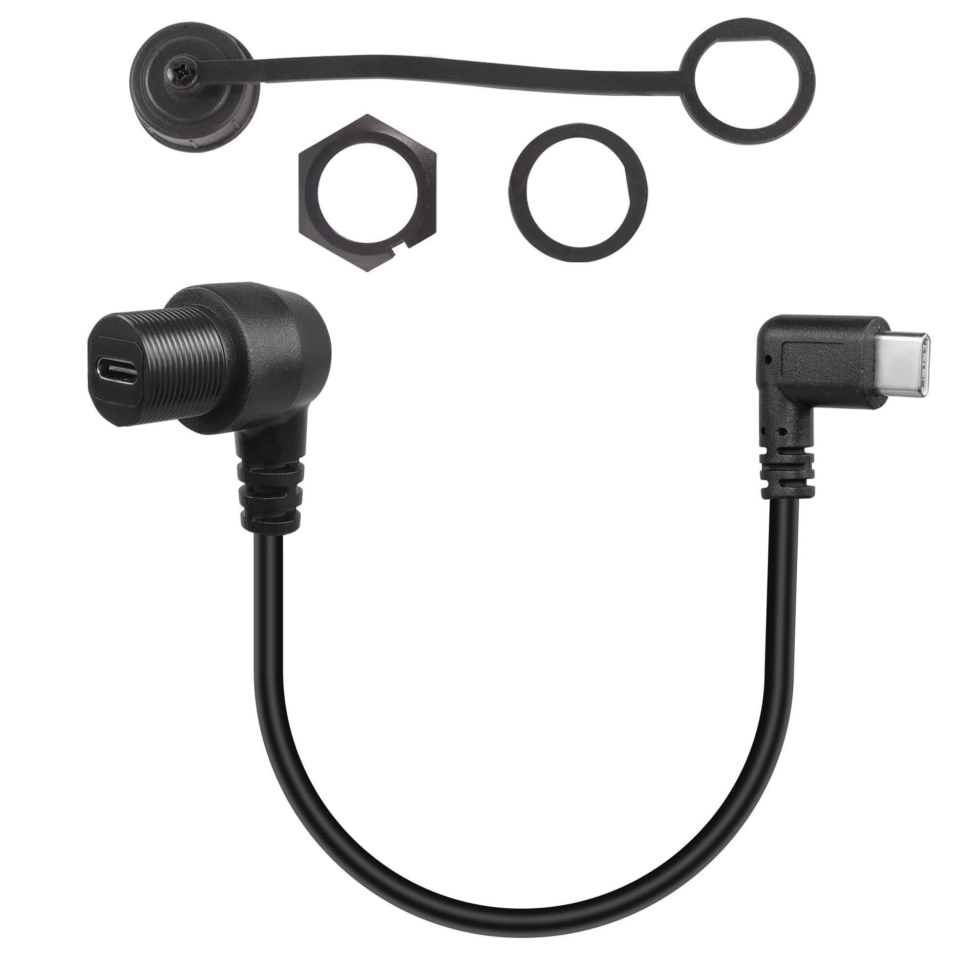 QIANRENON 90 Degree Angle USB C Flush Panel Mount Cable USB Type C 2.0 Female to Male Right Angle Waterproof Extension Cable, Threaded to Dashboard or Panel, 30cm/11.8 in(Horizontal Bend Male)