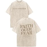Weetiotio Christian Faith Over Fear Shirt for Men Jesus Religious Shirts Oversized Graphic Tees Acid Wash God T-Shirt