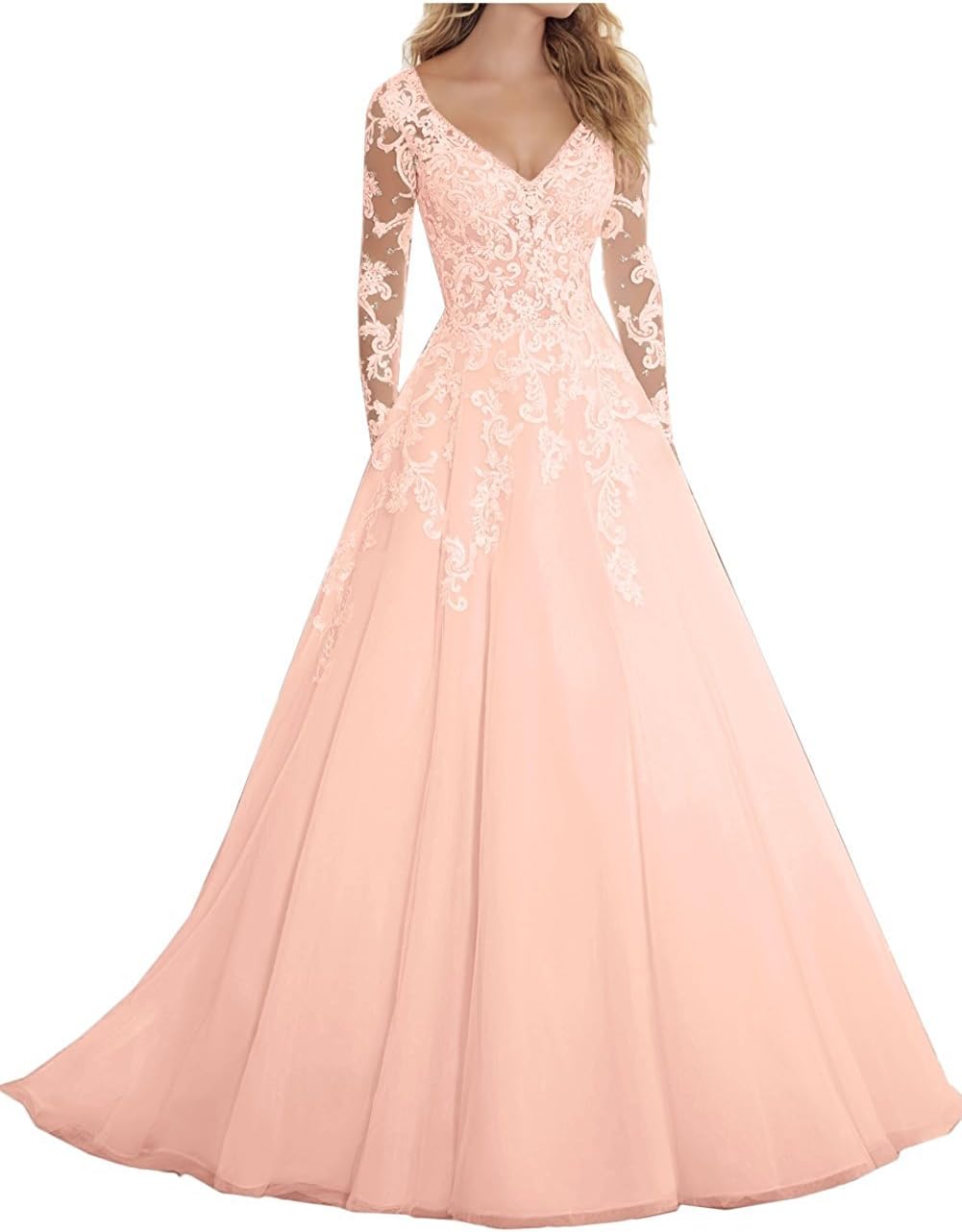 DressyMe Womens Vintage Long Sleeve Lace Wedding Gowns V-Neck Formal Dresses Open Back