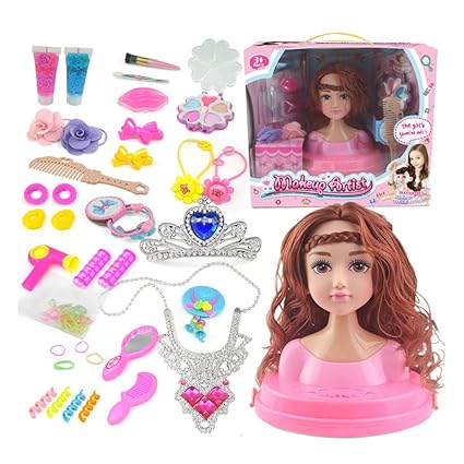 Leoie Makeup Doll Head Girls Playset with Beauty and Fashion Accessories [Deluxe Edition] Big Wave roll Without Bangs