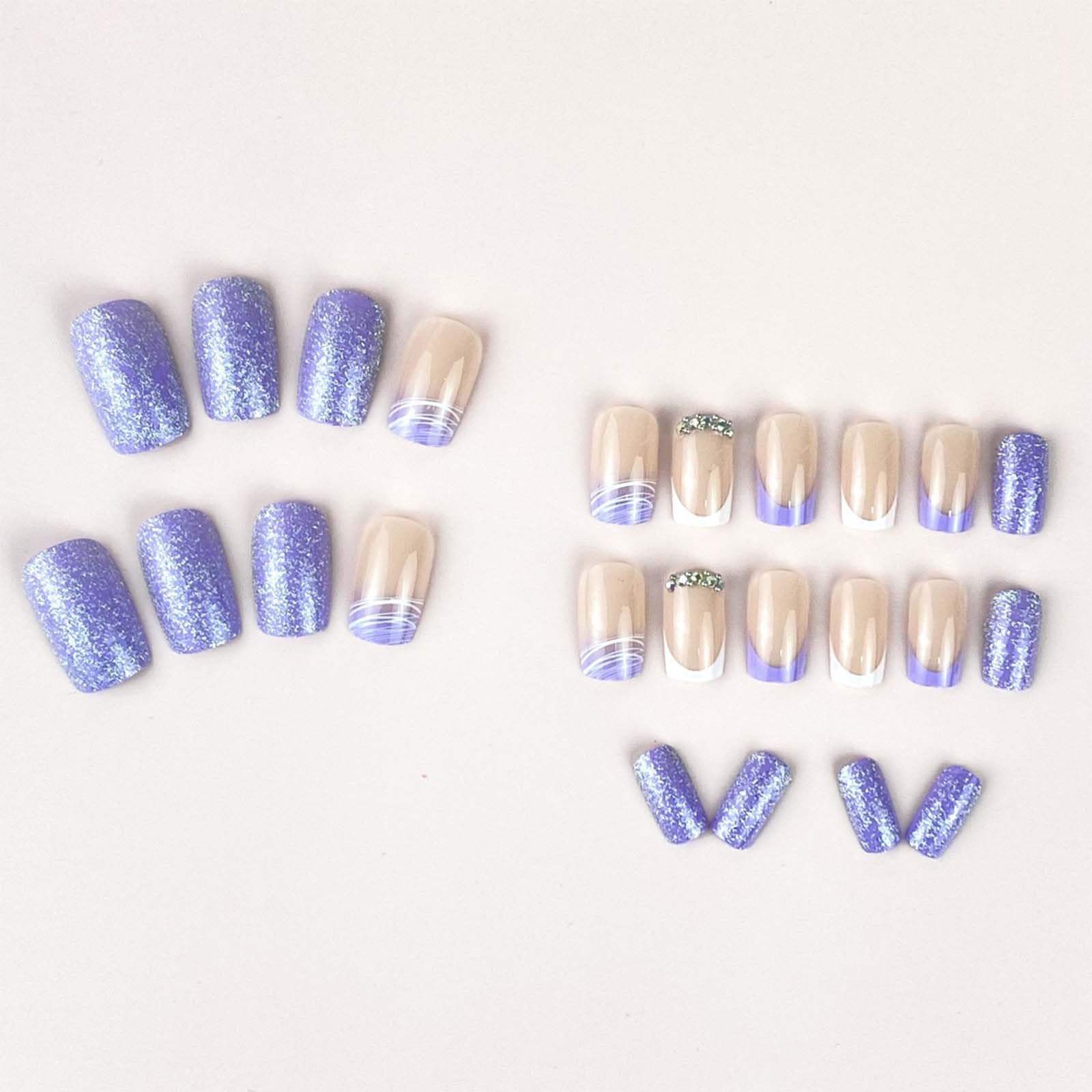 Purple Press on Nails Medium Square Fake Nails French Tip with Glitter Design Rhinestone Glue on Nails Glossy Full Cover Artificial Acrylic Stick on Nails for Women Girls Manicure 24Pcs - Image 2